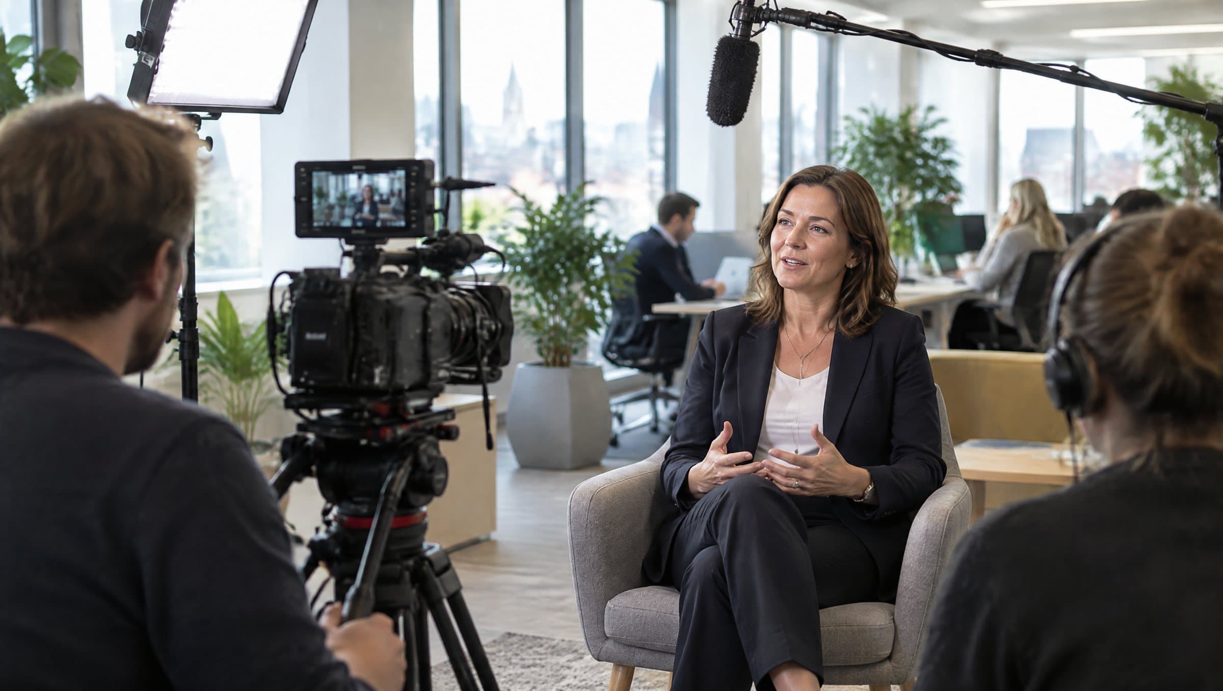 A small video crew filming a business interview in a bright office